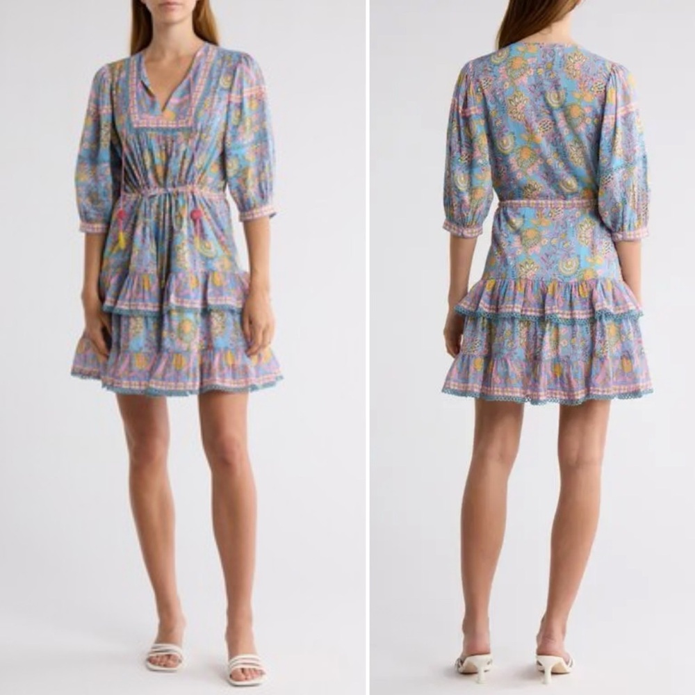 Alicia Bell Kate Tiered Cotton & Silk Cover-Up Minidress in Blue Yellow Print S